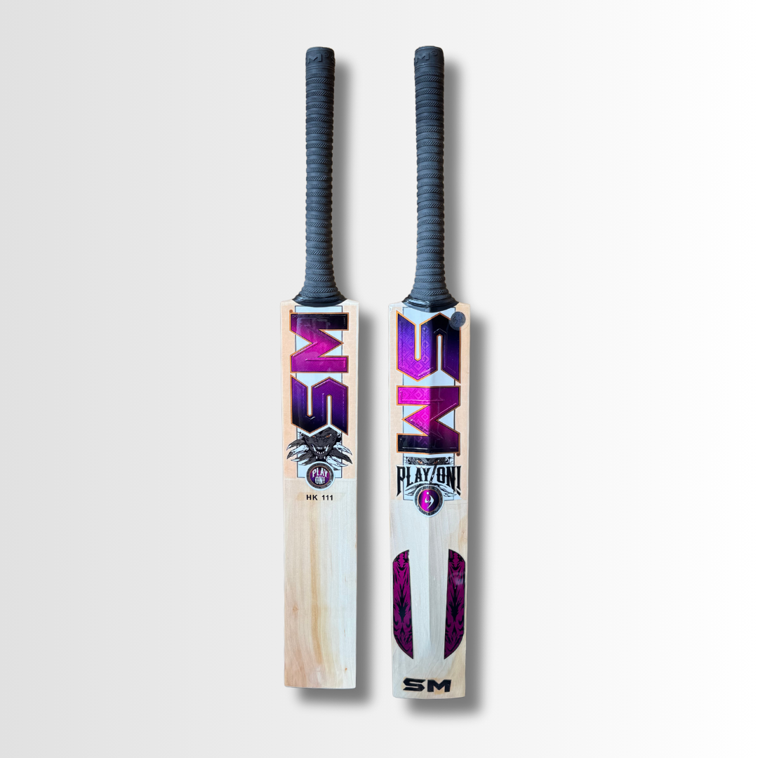 Two cricket bats with a brand logo on a light gray background